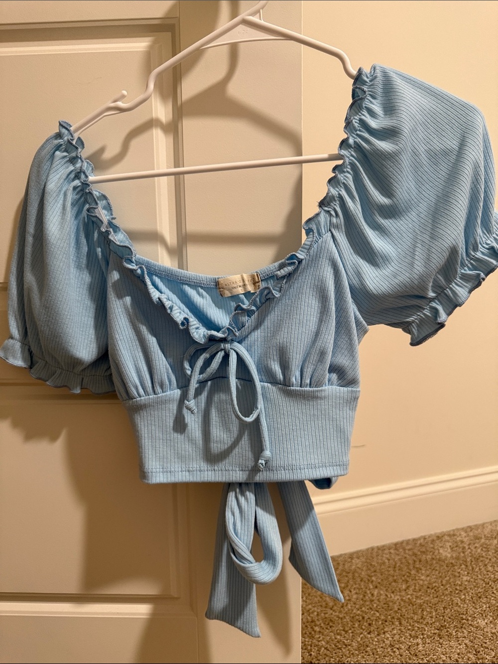 Altar'd State Baby Blue Ribbed Puff Sleeve Crop Top with Front Tie